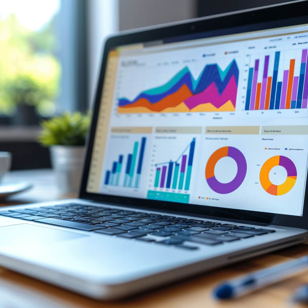 A laptop displays colorful graphs and charts on the screen, showing various data visualizations in a well-lit room with a plant in the background.